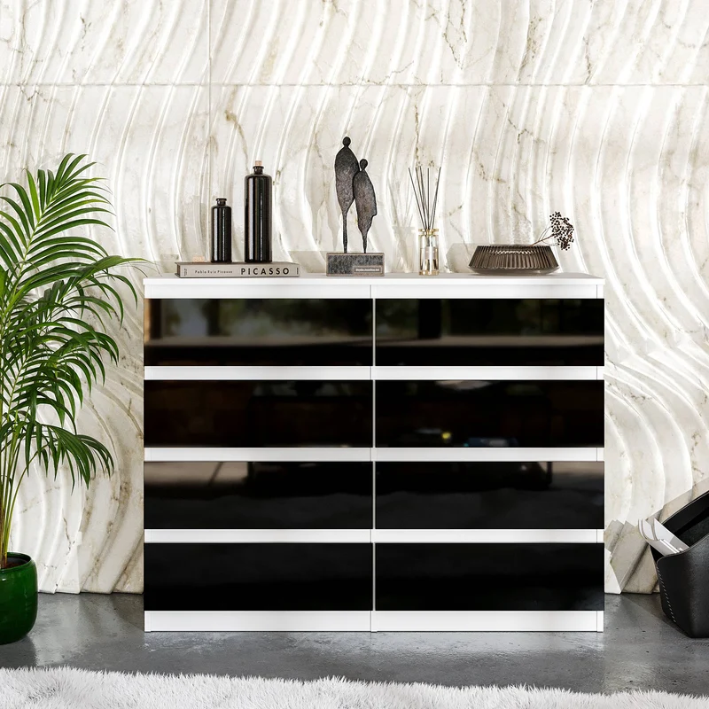 GABRIEL - Kommode / Sideboard mit 8 Schubladen - Weiß Matt / Schwarz Gloss H92cm W120cm D33cm