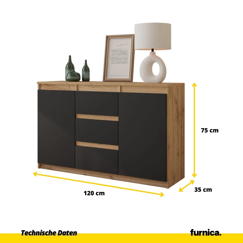 MIKEL - Kommode / Sideboard mit 3 Schubladen und 2 Türen - Wotan Eiche / Anthrazit Grau H75cm B120cm T35cm