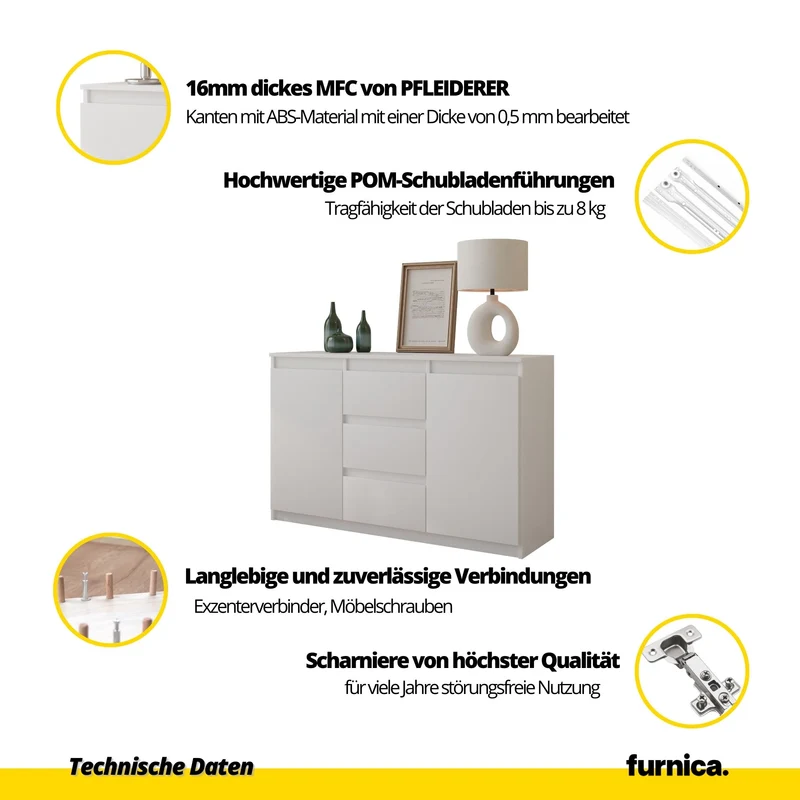 MIKEL - Kommode / Sideboard mit 3 Schubladen und 2 Türen - Wotan Eiche / Anthrazit Grau H75cm B120cm T35cm