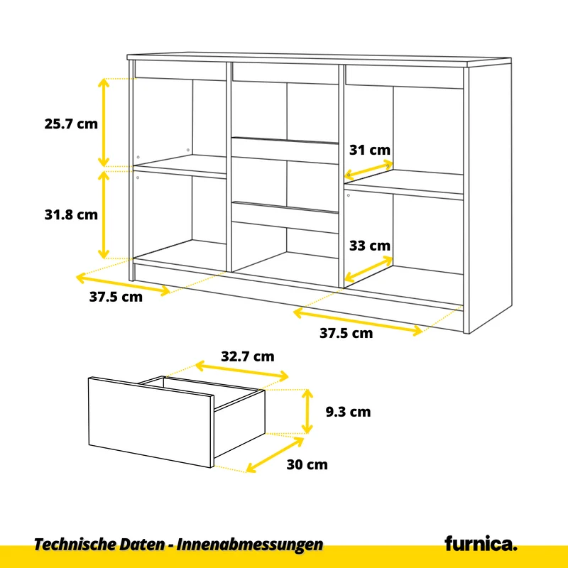MIKEL - Kommode / Sideboard mit 3 Schubladen und 2 Türen - Wotan Eiche / Anthrazit Grau H75cm B120cm T35cm