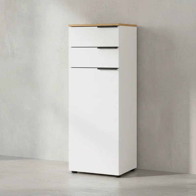 Badschrank Weiß-Beige 39x111x34 cm mit Schubladen und Dämpfung