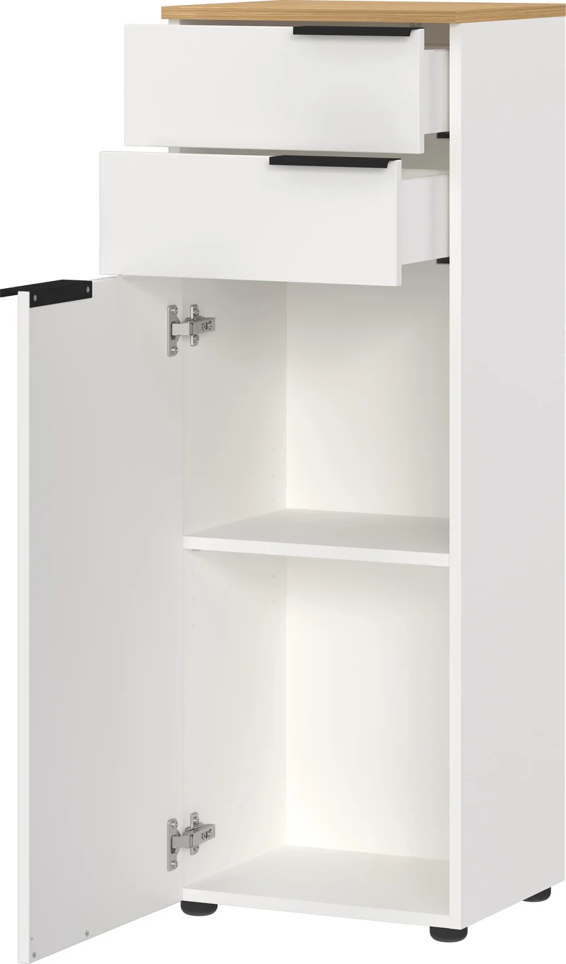 Badschrank Weiß-Beige 39x111x34 cm mit Schubladen und Dämpfung
