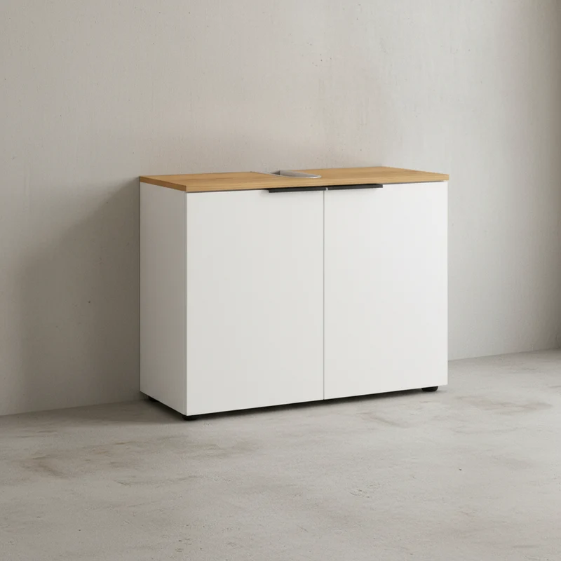Waschbeckenunterschrank Weiß-Beige 70x34x58 cm mit Siphonaussparung