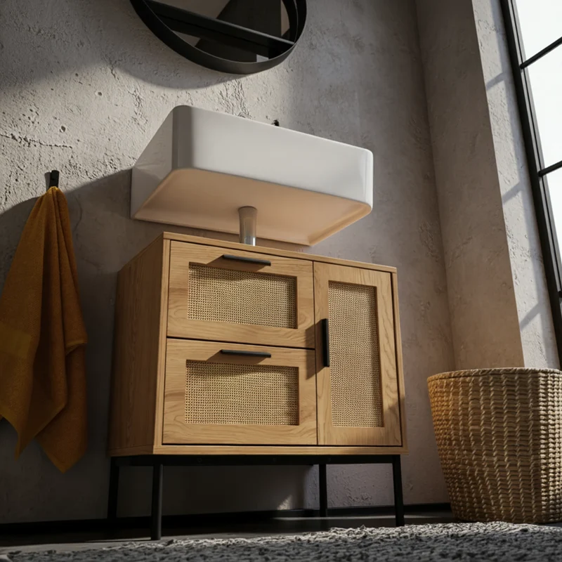 Waschbeckenunterschrank Eiche-Optik 60x60x40 cm mit Tür, Schubladen und Rattangeflecht