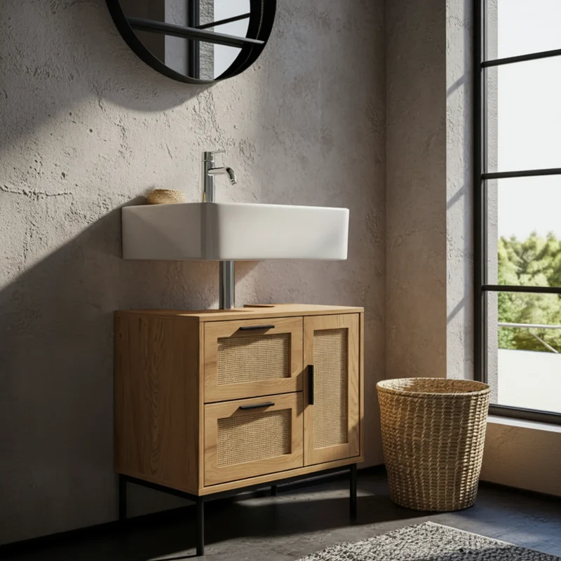 Waschbeckenunterschrank Eiche-Optik 60x60x40 cm mit Tür, Schubladen und Rattangeflecht