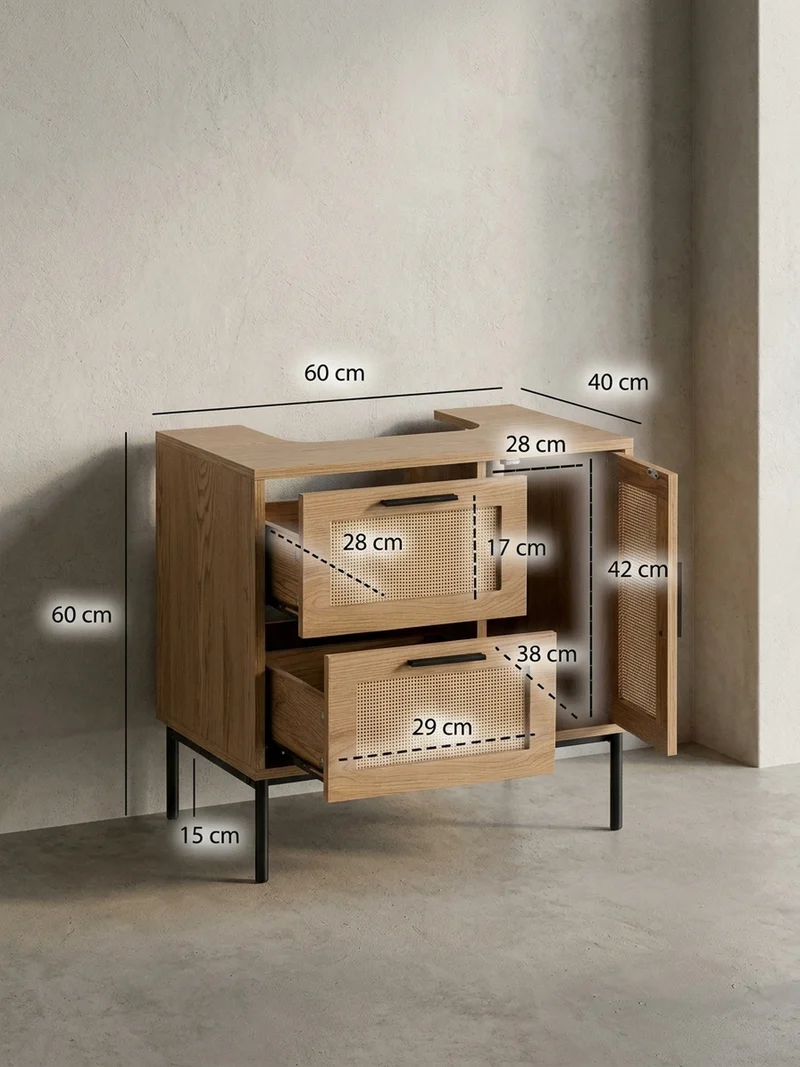 Waschbeckenunterschrank Eiche-Optik 60x60x40 cm mit Tür, Schubladen und Rattangeflecht