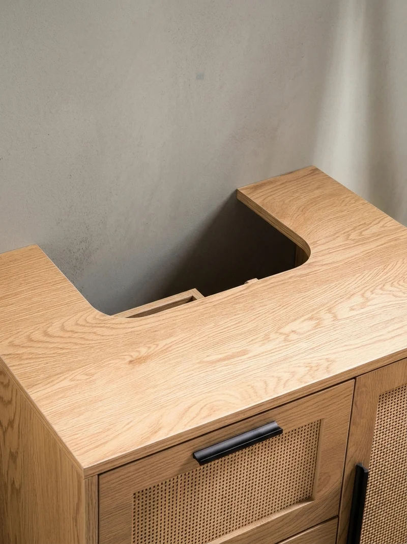 Waschbeckenunterschrank Eiche-Optik 60x60x40 cm mit Tür, Schubladen und Rattangeflecht