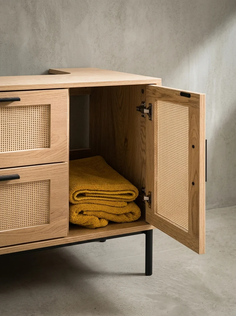 Waschbeckenunterschrank Eiche-Optik 60x60x40 cm mit Tür, Schubladen und Rattangeflecht