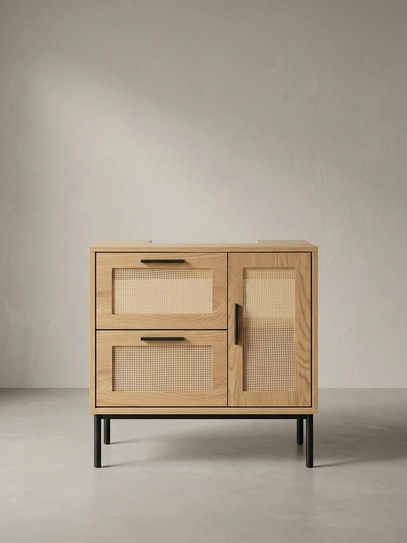 Waschbeckenunterschrank Eiche-Optik 60x60x40 cm mit Tür, Schubladen und Rattangeflecht