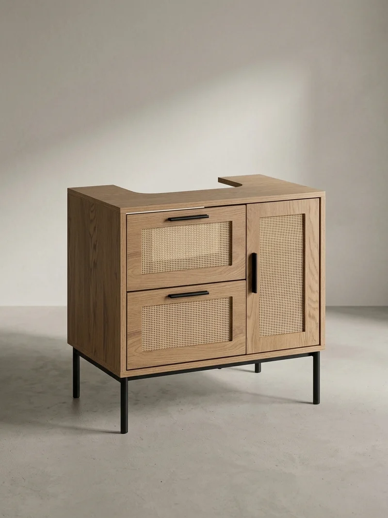 Waschbeckenunterschrank Eiche-Optik 60x60x40 cm mit Tür, Schubladen und Rattangeflecht