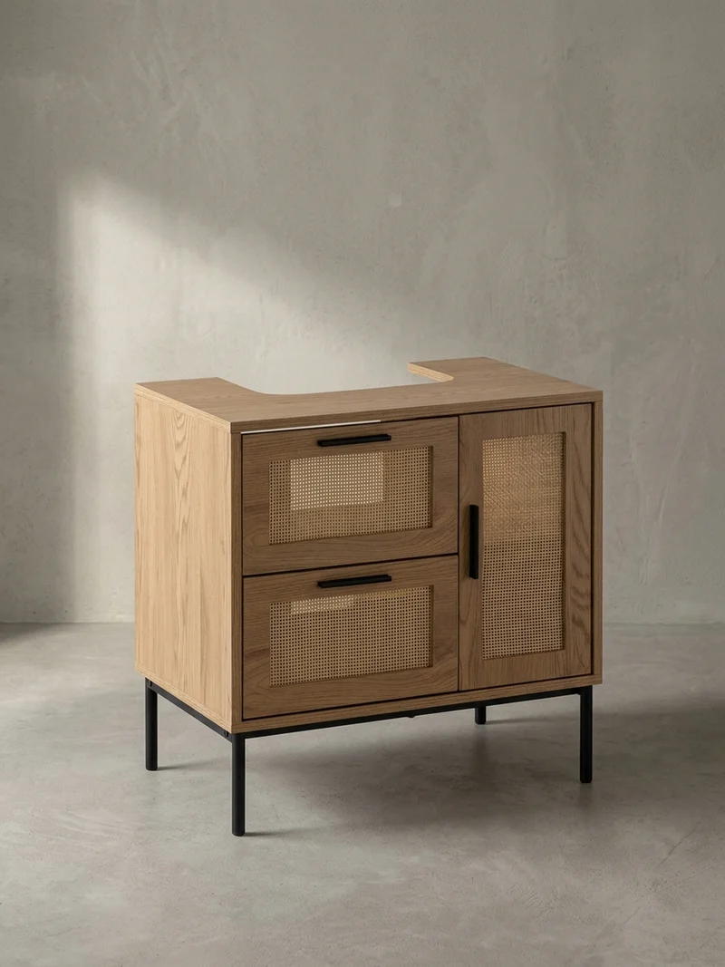 Waschbeckenunterschrank Eiche-Optik 60x60x40 cm mit Tür, Schubladen und Rattangeflecht