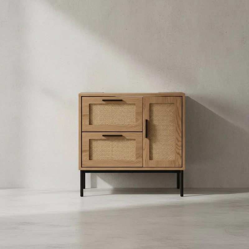 Waschbeckenunterschrank Eiche-Optik 60x60x40 cm mit Tür, Schubladen und Rattangeflecht