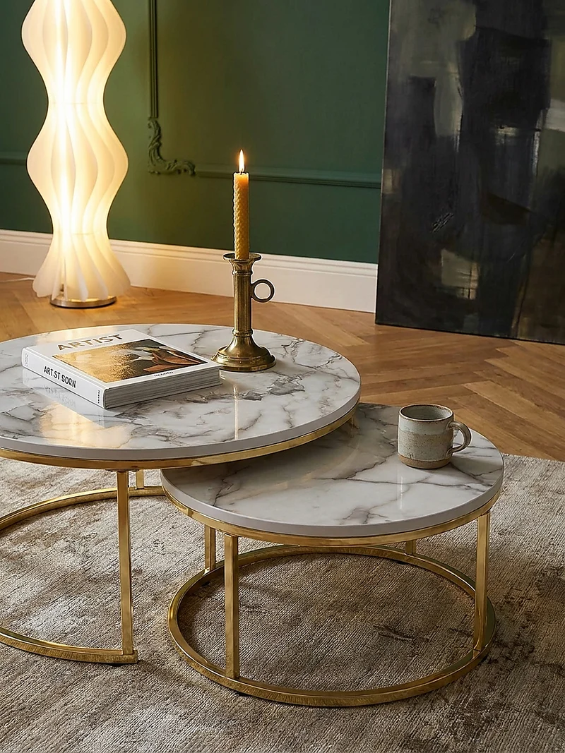 Couchtisch 2er Set Marmoroptik oder Eichenfurnier Metall Ineinanderschiebbar