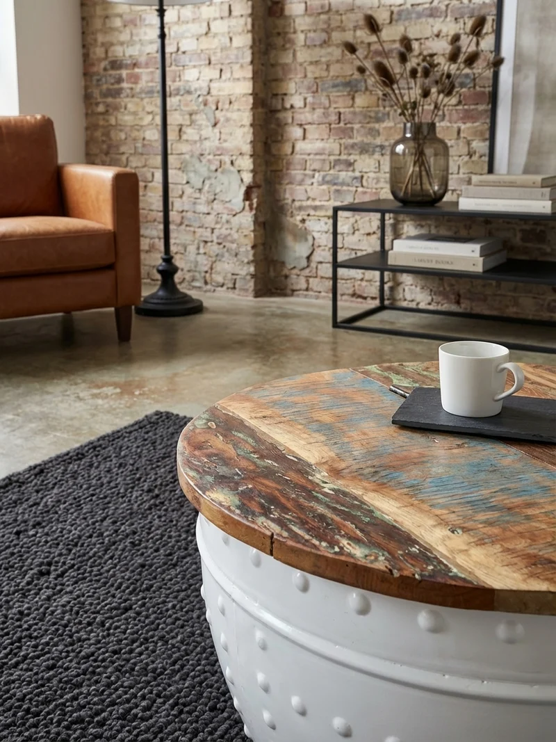 Couchtisch Massivholz mit klappbarer Tischplatte im industriellen Stil und Metallgestell