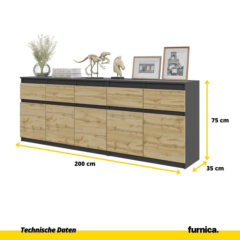 NOAH - Kommode mit 5 Schubladen und 5 Türen - Schlafzimmer Kommode Aufbewahrungsschrank Sideboard - Anthrazit / Wotan Eiche H75cm B200cm T35cm