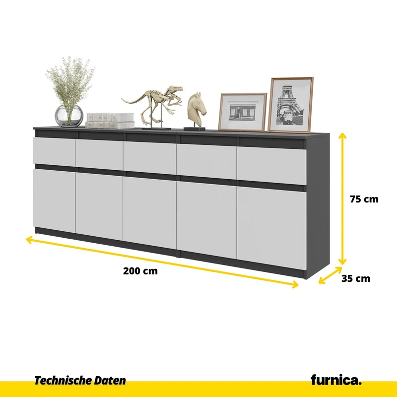 NOAH - Kommode mit 5 Schubladen und 5 Türen - Schlafzimmer Kommode Aufbewahrungsschrank Sideboard - Anthrazit / Weiß Matt H75cm B200cm T35cm