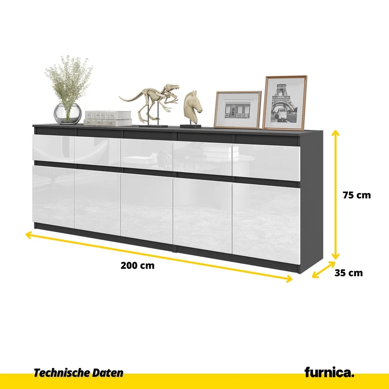 NOAH - Kommode mit 5 Schubladen und 5 Türen - Schlafzimmer Kommode Aufbewahrungsschrank Sideboard - Anthrazit / Weiß Glanz H75cm B200cm T35cm