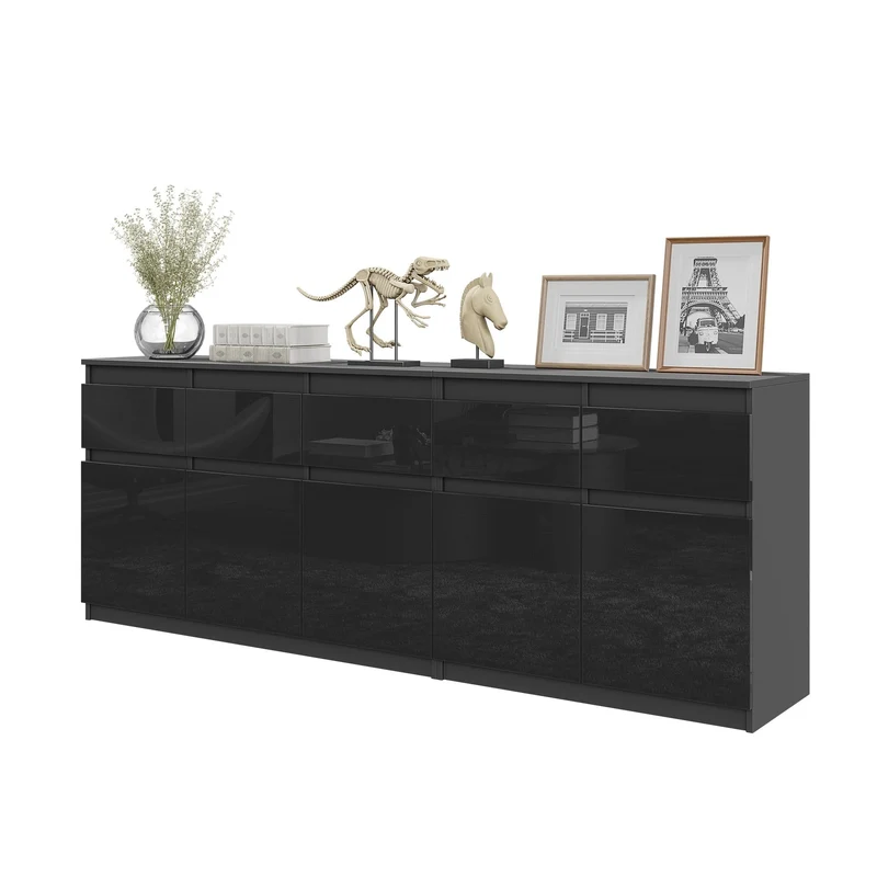 NOAH - Kommode mit 5 Schubladen und 5 Türen - Schlafzimmer Kommode Aufbewahrungsschrank Sideboard - Anthrazit / Schwarz Glanz H75cm B200cm T35cm