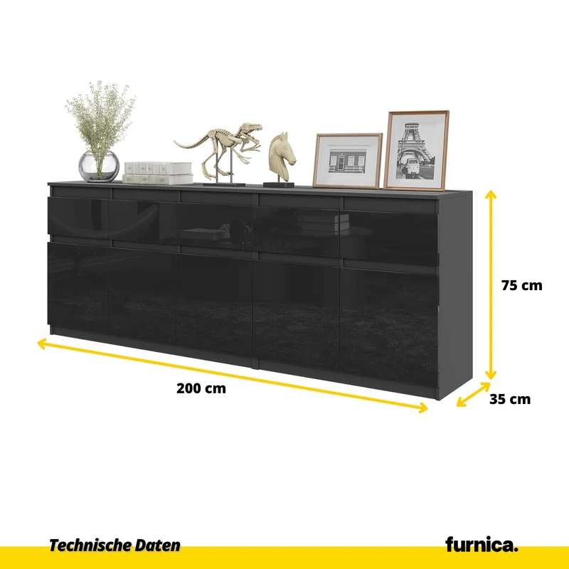 NOAH - Kommode mit 5 Schubladen und 5 Türen - Schlafzimmer Kommode Aufbewahrungsschrank Sideboard - Anthrazit / Schwarz Glanz H75cm B200cm T35cm