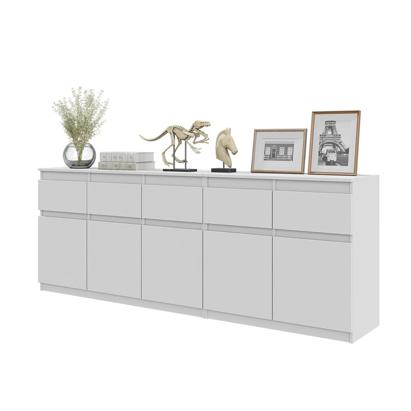 NOAH - Kommode mit 5 Schubladen und 5 Türen - Schlafzimmer Kommode Aufbewahrung Schrank Sideboard - Weiß Matt / Weiß Matt H75cm B200cm T35cm