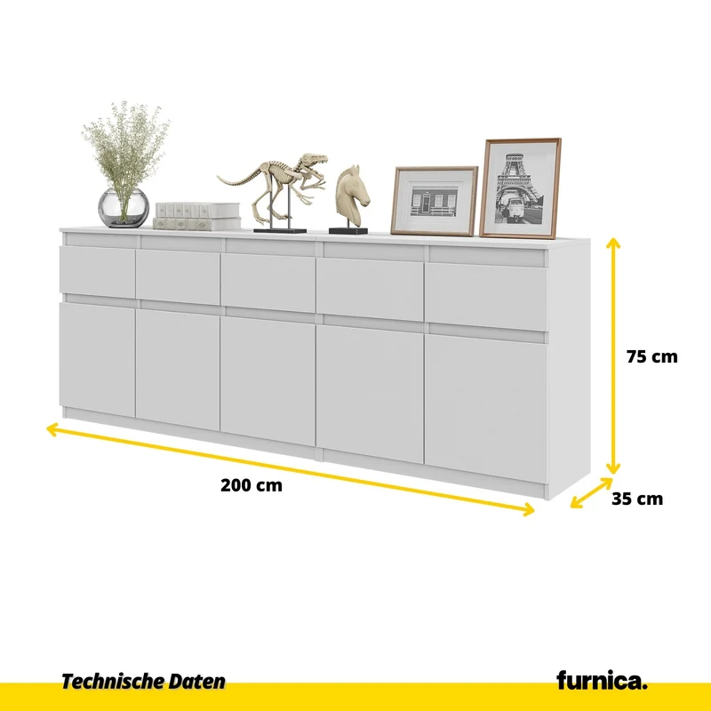 NOAH - Kommode mit 5 Schubladen und 5 Türen - Schlafzimmer Kommode Aufbewahrung Schrank Sideboard - Weiß Matt / Weiß Matt H75cm B200cm T35cm