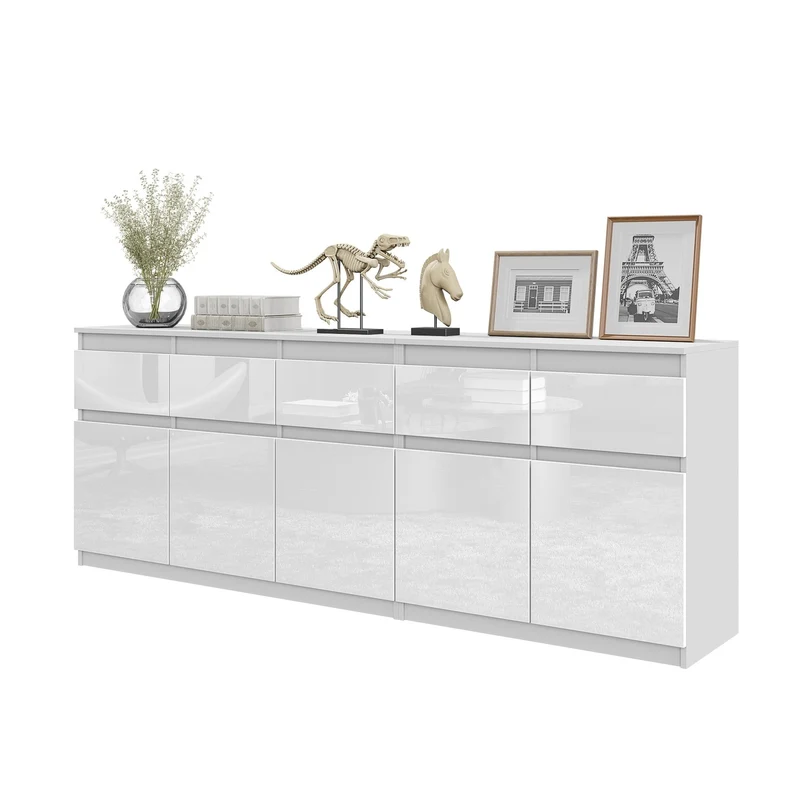 NOAH - Kommode mit 5 Schubladen und 5 Türen - Schlafzimmer Kommode Aufbewahrung Schrank Sideboard - Weiß Matt / Weiß Glanz H75cm B200cm T35cm