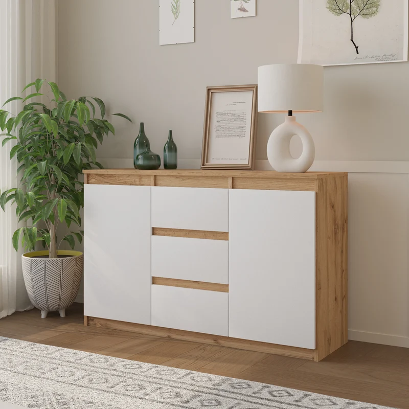 MIKEL - Kommode / Sideboard mit 3 Schubladen und 2 Türen - Wotan Eiche / Weiß Matt H75cm B120cm T35cm