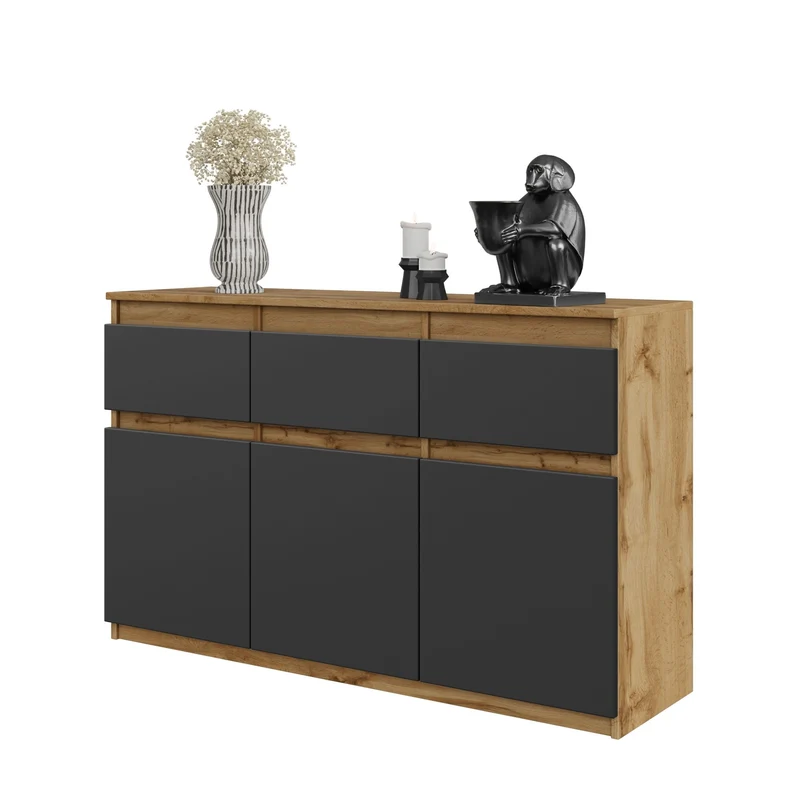 NOAH - Kommode / Sideboard mit 3 Schubladen und 3 Türen - Wotan Eiche / Anthrazit Grau H75cm B120cm T35cm