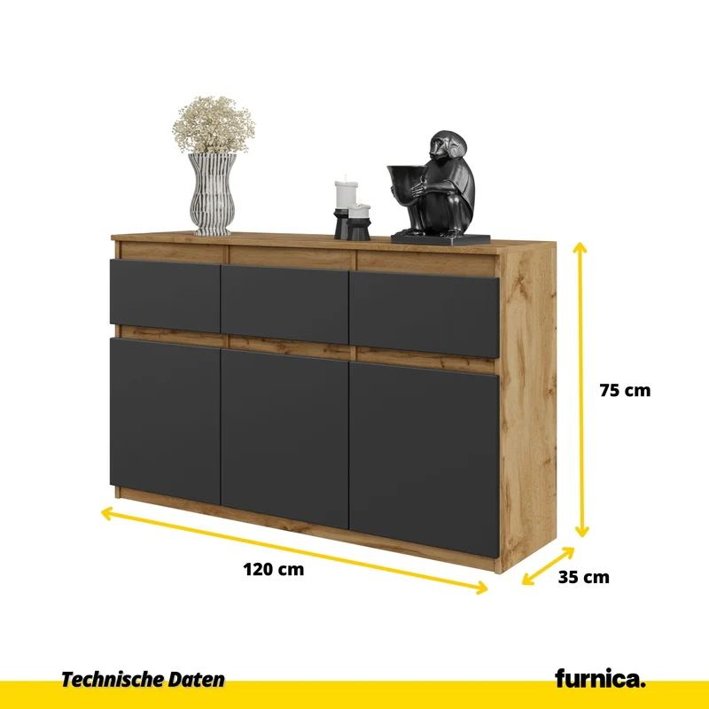 NOAH - Kommode / Sideboard mit 3 Schubladen und 3 Türen - Wotan Eiche / Anthrazit Grau H75cm B120cm T35cm