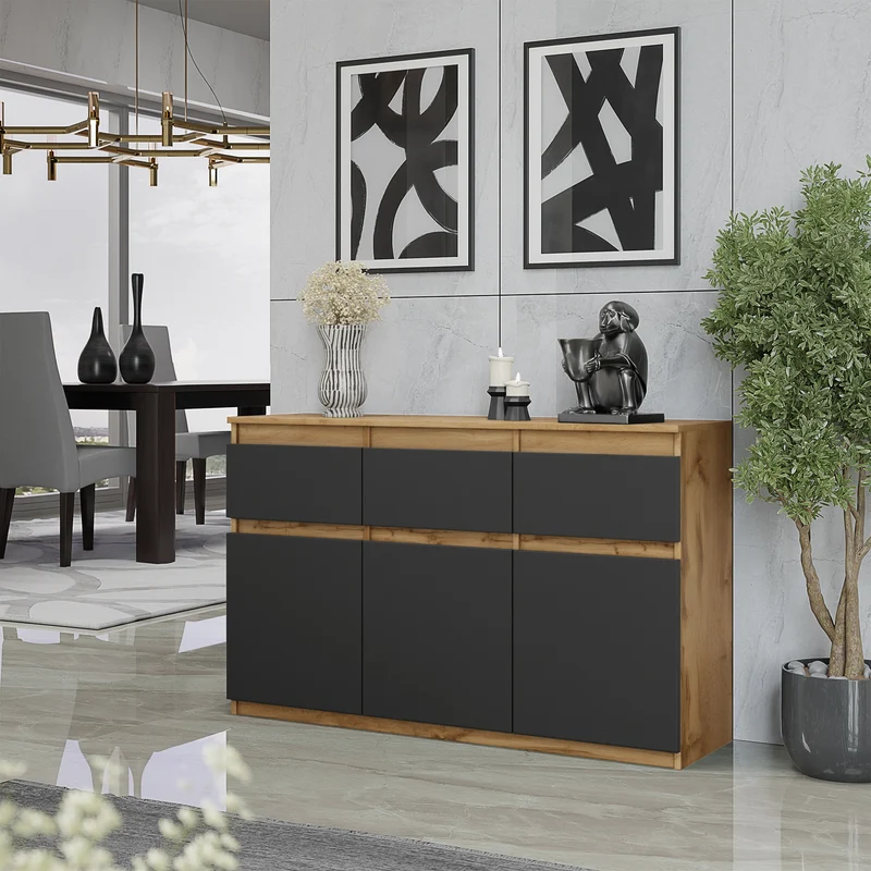 NOAH - Kommode / Sideboard mit 3 Schubladen und 3 Türen - Wotan Eiche / Anthrazit Grau H75cm B120cm T35cm