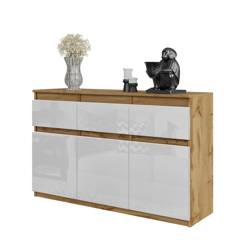 NOAH - Kommode / Sideboard mit 3 Schubladen und 3 Türen - Wotan Eiche / Weiß Gloss H75cm B120cm T35cm
