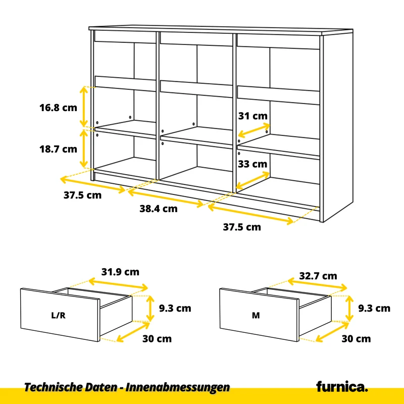 NOAH - Kommode / Sideboard mit 3 Schubladen und 3 Türen - Wotan Eiche / Weiß Gloss H75cm B120cm T35cm