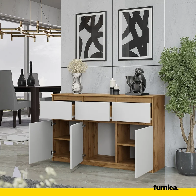 NOAH - Kommode / Sideboard mit 3 Schubladen und 3 Türen - Wotan Eiche / Weiß Matt H75cm B120cm T35cm