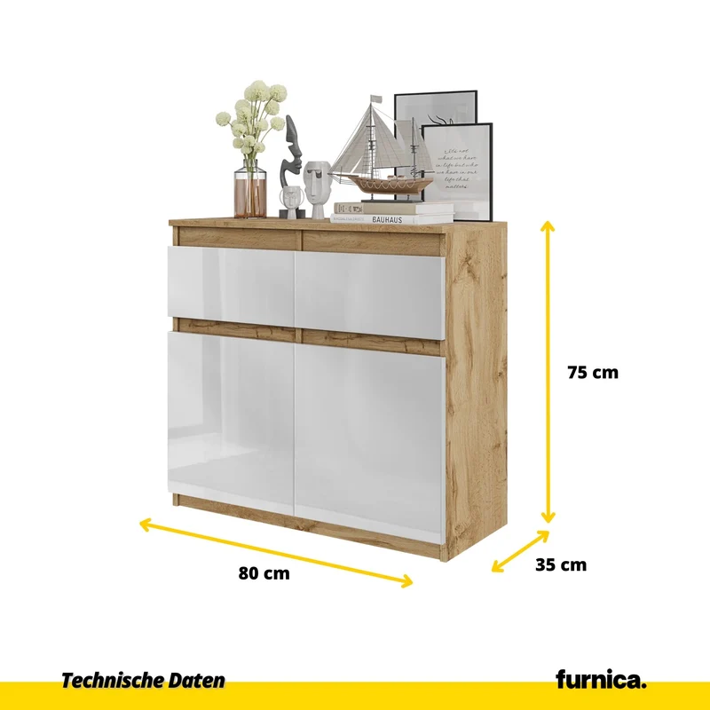 NOAH - Kommode / Sideboard mit 2 Schubladen und 2 Türen - Wotan Eiche / Weiß Gloss H75cm B80cm T35cm