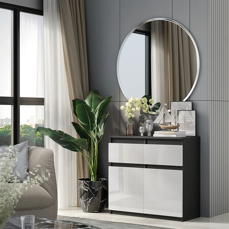 NOAH - Kommode / Sideboard mit 2 Schubladen und 2 Türen - Anthrazit Grau / Weiß Gloss H75cm B80cm T35cm