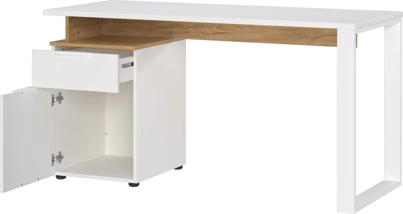 Schreibtisch – Weiß/Beige, 140x61x74 cm, mit Container, stoßfest, Metallkufen