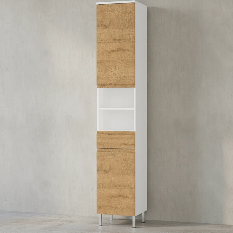 Hochschrank Weiß und Eiche Grandson 34x190x34cm mit Schublade, verstellbaren Fächern und Chromfüßen