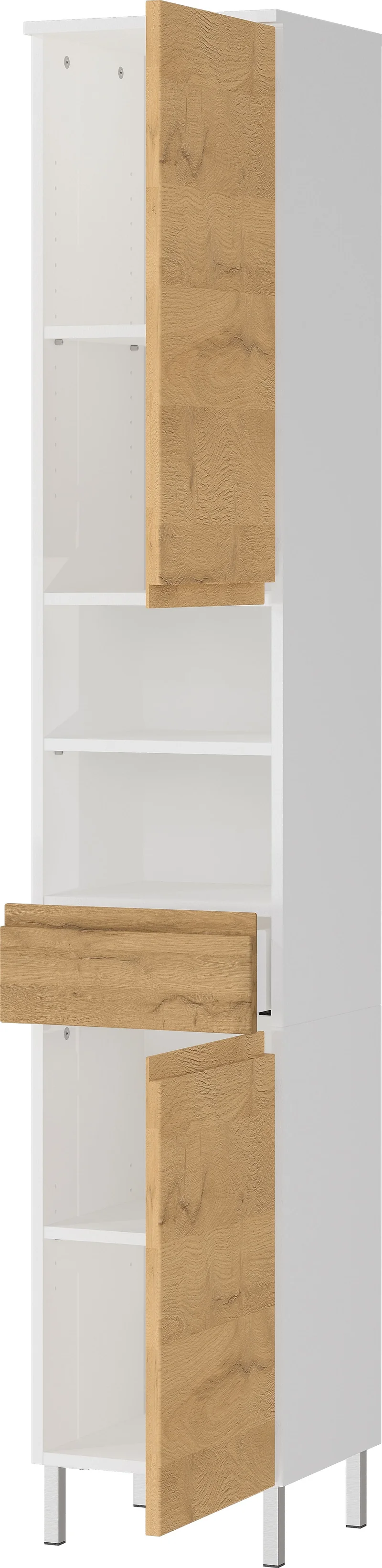 Hochschrank Weiß und Eiche Grandson 34x190x34cm mit Schublade, verstellbaren Fächern und Chromfüßen