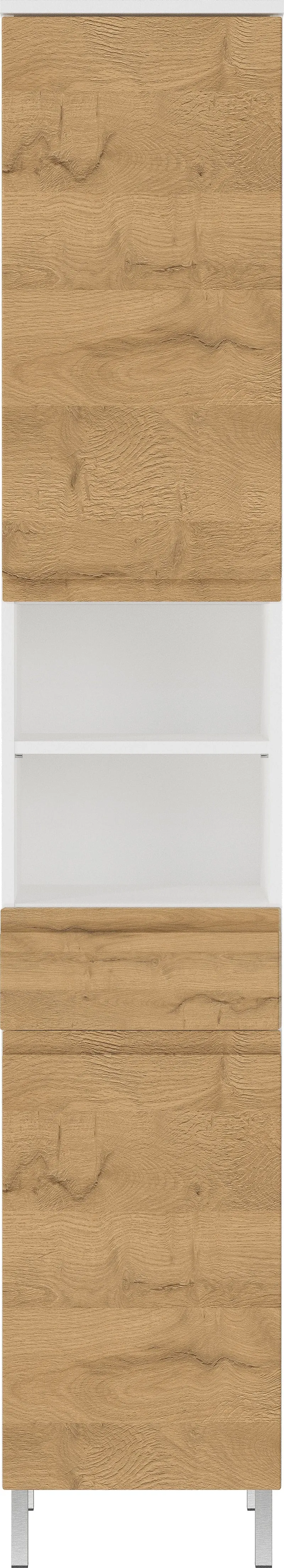Hochschrank Weiß und Eiche Grandson 34x190x34cm mit Schublade, verstellbaren Fächern und Chromfüßen