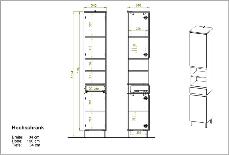 Hochschrank Weiß und Eiche Grandson 34x190x34cm mit Schublade, verstellbaren Fächern und Chromfüßen
