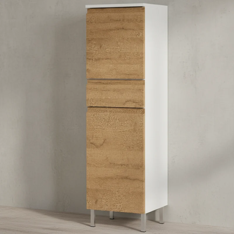 Hochschrank Weiß und Eiche Grandson 34x120x34cm mit verstellbaren Einlegeböden, griffloser Front und Chromfüßen