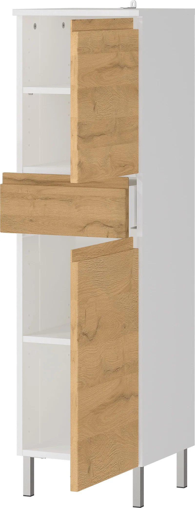 Hochschrank Weiß und Eiche Grandson 34x120x34cm mit verstellbaren Einlegeböden, griffloser Front und Chromfüßen