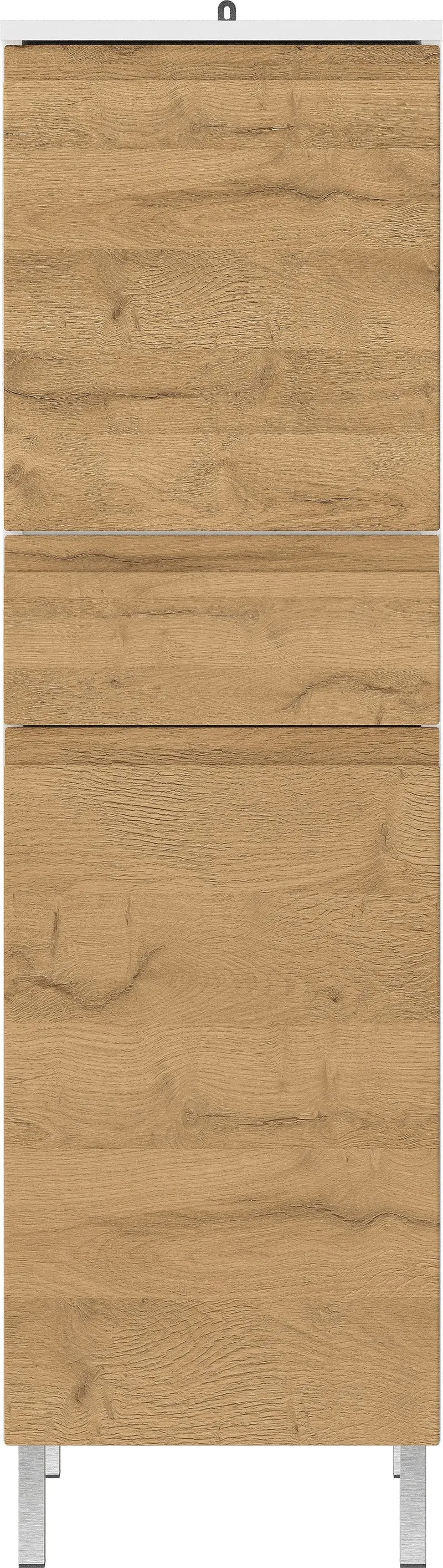 Hochschrank Weiß und Eiche Grandson 34x120x34cm mit verstellbaren Einlegeböden, griffloser Front und Chromfüßen