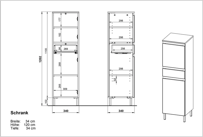 Hochschrank Weiß und Eiche Grandson 34x120x34cm mit verstellbaren Einlegeböden, griffloser Front und Chromfüßen