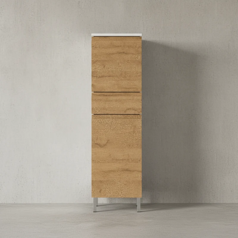 Hochschrank Weiß und Eiche Grandson 34x120x34cm mit verstellbaren Einlegeböden, griffloser Front und Chromfüßen