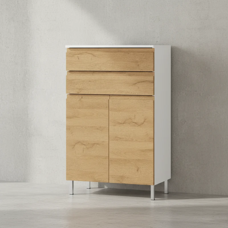 Badschrank Weiß und Eiche Grandson 60x97x34 cm mit Schubladen, Chromfüßen und griffloser Front