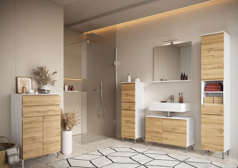 Badschrank Weiß und Eiche Grandson 60x97x34 cm mit Schubladen, Chromfüßen und griffloser Front