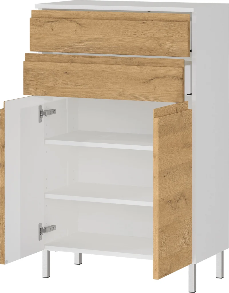 Badschrank Weiß und Eiche Grandson 60x97x34 cm mit Schubladen, Chromfüßen und griffloser Front