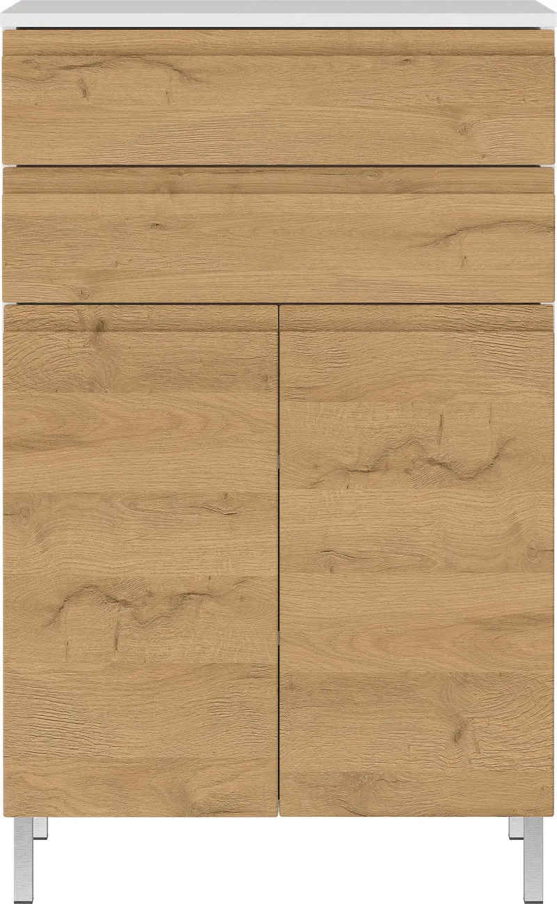 Badschrank Weiß und Eiche Grandson 60x97x34 cm mit Schubladen, Chromfüßen und griffloser Front