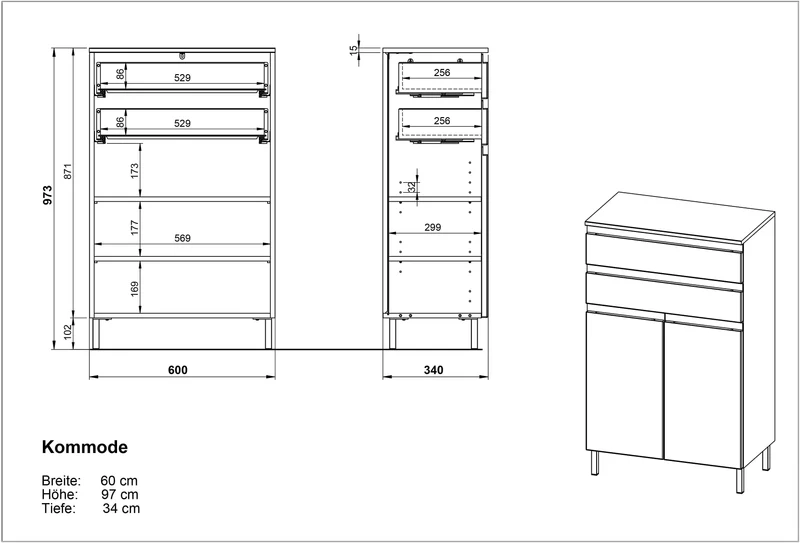 Badschrank Weiß und Eiche Grandson 60x97x34 cm mit Schubladen, Chromfüßen und griffloser Front